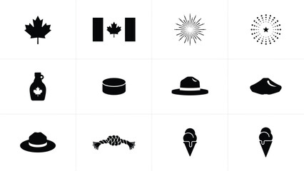 Set of black icons representing canadian symbols and cultural heritage themes flat style. © Mrittunjoy