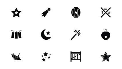 Black silhouette collection of traditional asian aesthetic symbols for graphic projects. © Mrittunjoy