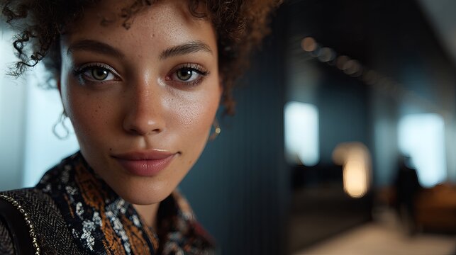 A captivating portrait showcases a beautiful young woman with striking green eyes and natural makeup, exuding confidence and modern elegance.