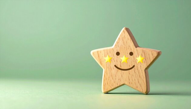 A smiling wooden star with tiny yellow accents glows against a soft green background, symbolizing positivity, charm, and the playful warmth of natural design.