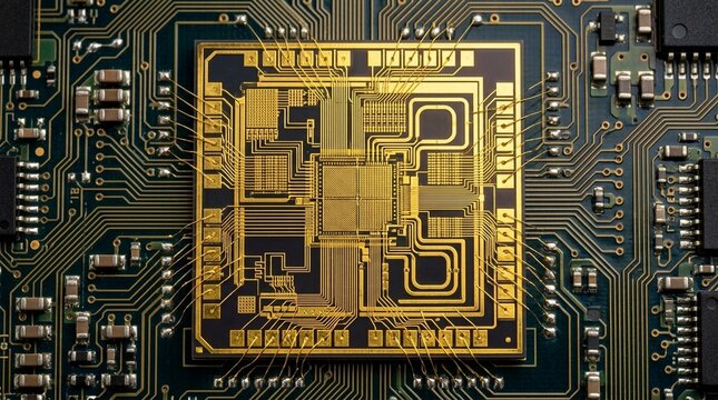 Close-up macro view of a complex gold microchip on a green printed circuit board, showcasing intricate pathways and components