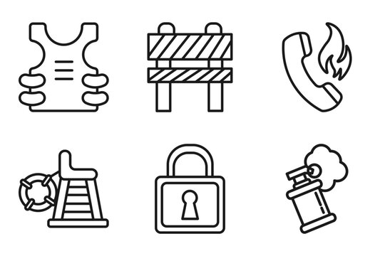 outline security icons set - bullet proof vest, obstacle, fire phone, smoke grenade. editable vector for web and mobile ui