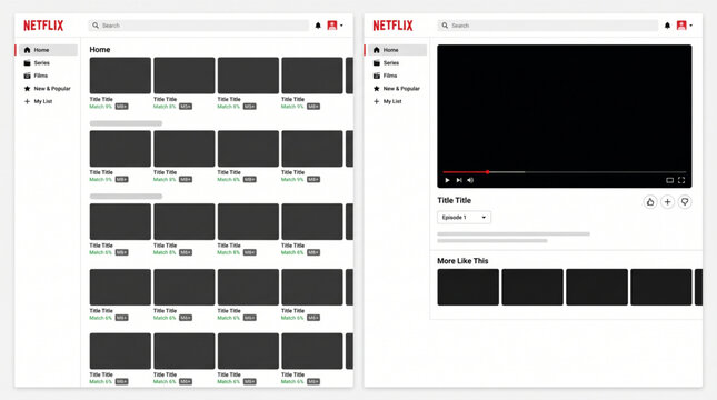 Netflix UI mockup template with home and video player screens. Streaming service application interface for web and mobile. Video player dashboard with sidebar navigation and search bar template.