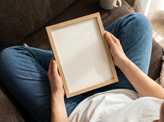 Obraz premium Hands holding a blank wooden picture frame for mockup display