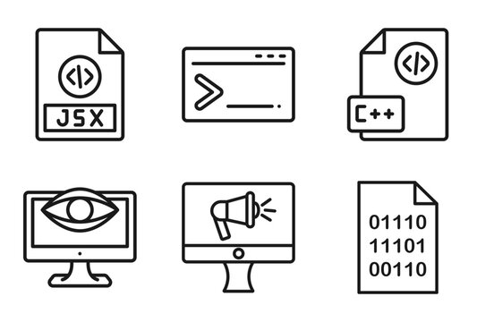 outline seo icons set - jsx, code terminal, programming language, binary code. editable vector for web and mobile ui