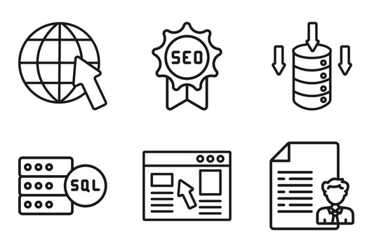 outline programming icons set - website, seo badge, data storage, seo report. editable vector for web and mobile ui