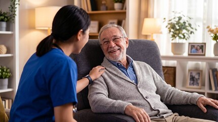 Fototapeta premium Nurse in Blue Scrubs Talking Warmly with Smiling Elderly Man in Armchair at Home