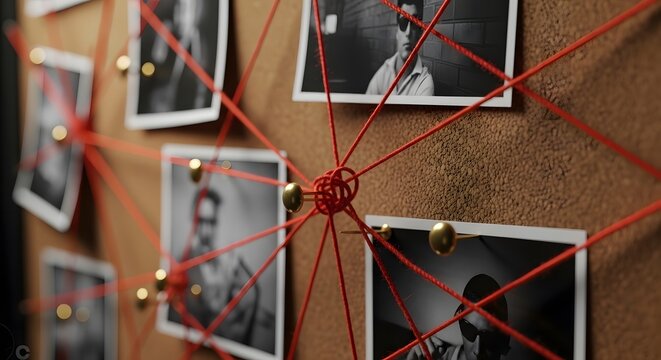 Detective investigation cork board template with black and white suspect photos connected by red string yarn.