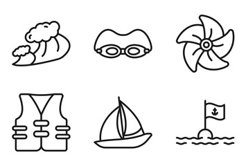Fototapeta premium outline nautical icons set - ocean waves, swin goggle, boat screw, sea flag. editable vector for web and mobile ui