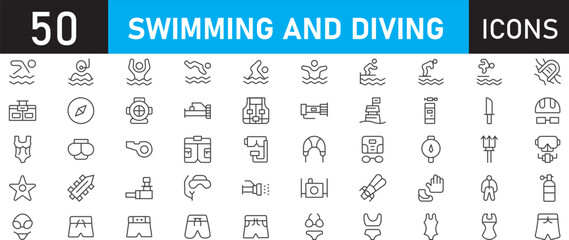Swimming and diving icons set. Vector linear outline icon pack for water sports, pool, scuba diving, and summer recreation. © Amna