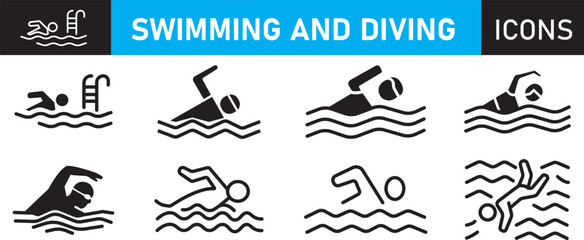 Obraz premium Swimming pictograms set. Vector glyph and silhouette icons for swimmer, pool strokes, water sports, and infographics.