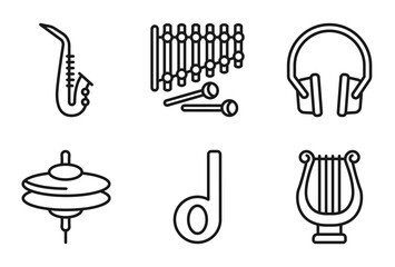 outline music icons set - blues, xylophone, music player headphones, lyre. editable vector for web and mobile ui © IconArt