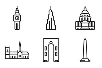 Fototapeta premium outline monuments icons set - the clock tower, , united states capitol, national mall. editable vector for web and mobile ui
