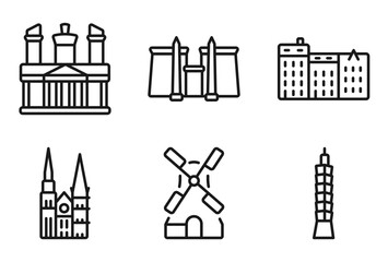 Obraz premium outline monuments icons set - petra, luxor temple, denmark, . editable vector for web and mobile ui