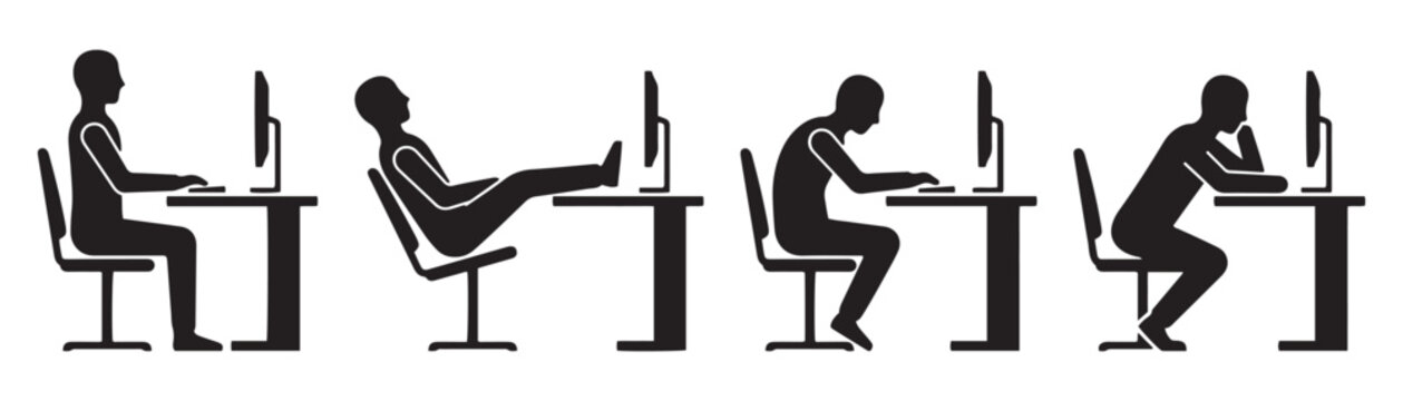 Silhouette icon of man working on computer at desk showing bad sitting posture workplace ergonomics concept