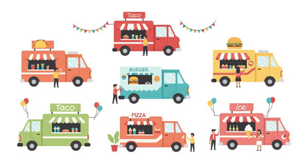 Naklejka premium Colorful Food Trucks Collection: Tacos, Burgers, Pizza, Ice Cream