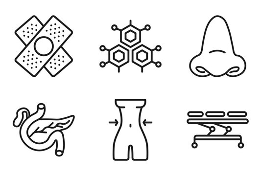 outline medical icons set - bandage cross, molecular structure, e, table of treatments. editable vector for web and mobile ui
