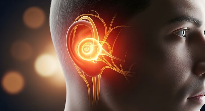 Inner ear infection and hearing nerve pain. Otolaryngology diagnostics and medical anatomy. 3D model of human head with glowing red ear anatomy indicating inflammation