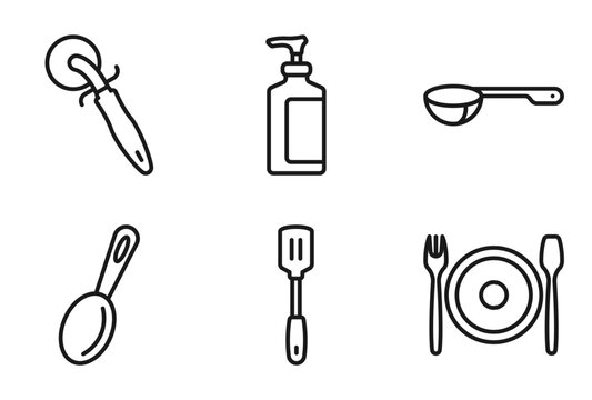 outline kitchen icons set - pizza cutter, liquid soap, scoop, dinner. editable vector for web and mobile ui