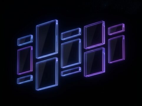 Transparent acrylic frames with glowing neon edges floating in darkness.