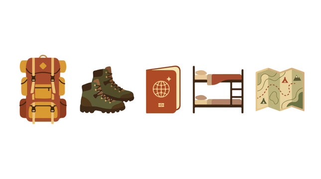 Traveler prepares for adventure with backpack, boots, passport, hostel bed, and map