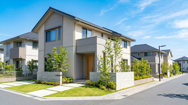 モダンな一戸建て住宅の外観と青空に映える植栽のエクステリア