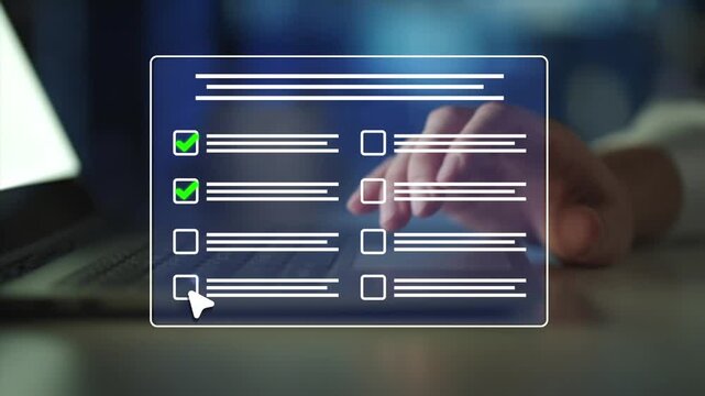 Filling form, research analytics, technology interface and data review. Online survey questionnaire with digital feedback form, customer evaluation and business assessment concept. 