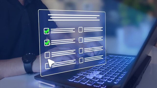 Filling form, research analytics, technology interface and data review. Online survey questionnaire with digital feedback form, customer evaluation and business assessment concept. 