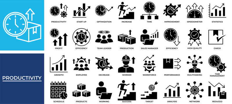 Productivity icon set collection. Containing statistics, increase, efficiency, profit, progress, improvement, leader .Solid vector icons collection