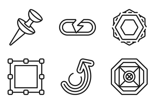 outline geometry icons set - push pin, break, fillet, ennegon. editable vector for web and mobile ui