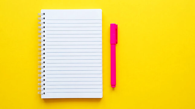 Blank spiral notebook and pink pen on yellow background
