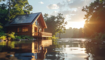 Fototapeta premium Sustainable Wooden Cabin with Solar Panels on River Bank at Sunset