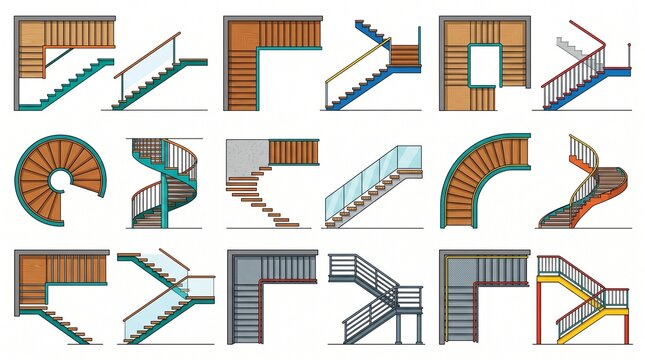 Colorful Staircase Collection Plan Elevation View Architectural Interior Design Modern Stairs CAD Vector Set