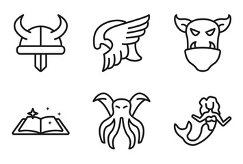 Fototapeta premium outline fairy tale icons set - viking, valkyrie, ogre, mermaid. editable vector for web and mobile ui