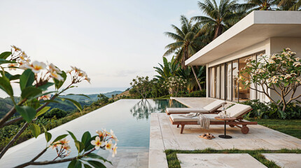 Obraz premium Luxury Tropical Infinity Pool Overlooking The Lush Mountainside at Sunset