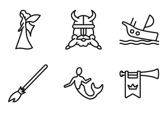 outline fairy tale icons set - myth, dwarf, shipwreck, fanfare. editable vector for web and mobile ui