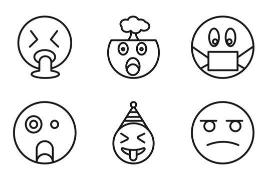 outline emoji icons set - puking emoji, exploding head emoji, sick suspicious editable vector for web and mobile ui