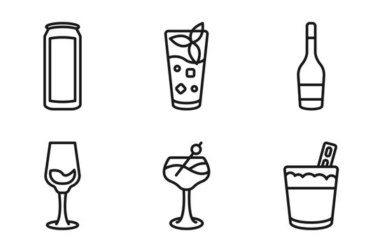 outline drinks icons set - energy drink, mint julep, wine bottles, white russian drink. editable vector for web and mobile ui