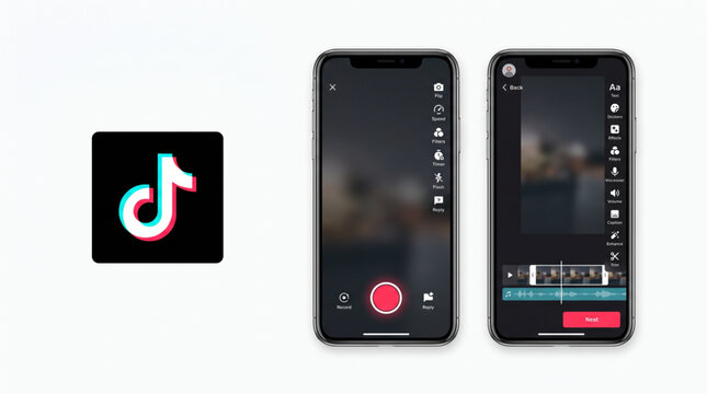 TikTok mobile app interface mockup set containing video recording and editing screens with filters, timers, text and stickers for social media content creation digital vector isolated illustration. UI