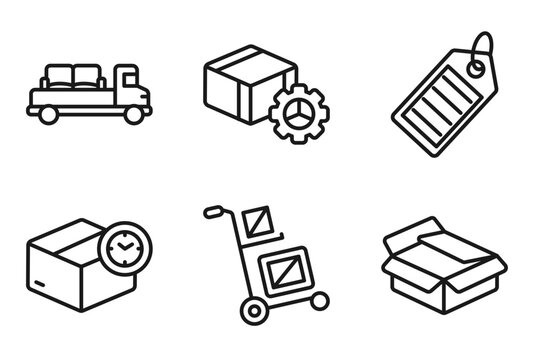 outline delivery and logistic icons set - moving, delivery tings, tag, unpacking. editable vector for web and mobile ui