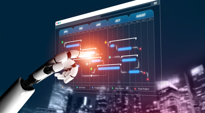 Robotic Hand Interacting with Project Management Dashboard Displaying Gantt Chart for Efficient Task Scheduling and Workflow Optimization in Urban Setting Sigmoid