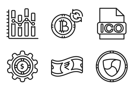 outline cryptocurrency icons set - stocks, random, ico, nem. editable vector for web and mobile ui