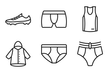 Fototapeta premium outline clothes icons set - soccer shoe, underpants, basketball jersey, knickers. editable vector for web and mobile ui