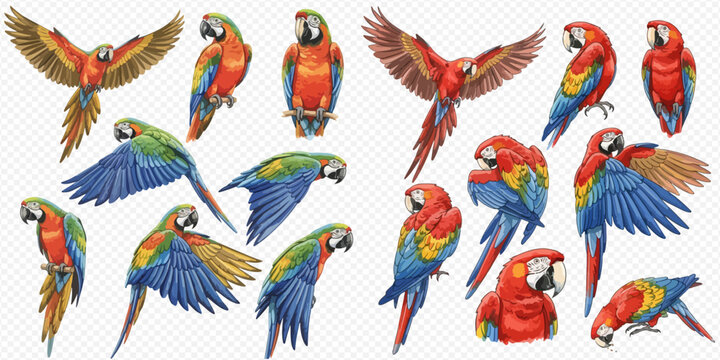 Collection of colorful macaw parrots in various poses, including flying and perching, on a transparent background.