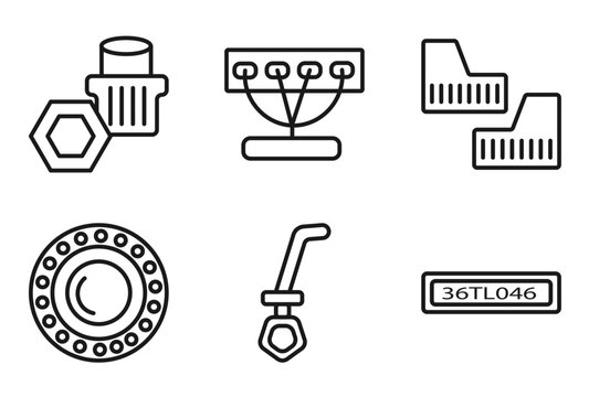 outline car parts icons set - car wheel nut, car manifold, mud flap, numberplate. editable vector for web and mobile ui