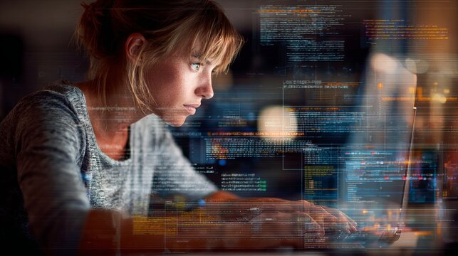 Focused female coder intently analyzes complex lines of code displayed on a laptop screen in a dimly lit, modern workspace.