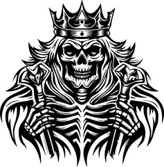 Fototapeta premium SVG vector illustration of a dark style skeleton tattoo wearing a crown.Skeleton with Crown in Regal Pose Emphasizing Dark Elegance