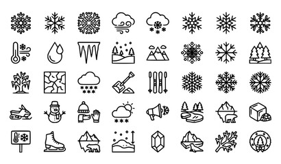 Winter Snowflake Linear Icon Set with Frost Ice and Cold Weather Editable Stroke Symbols © AKTARUL ISLAM