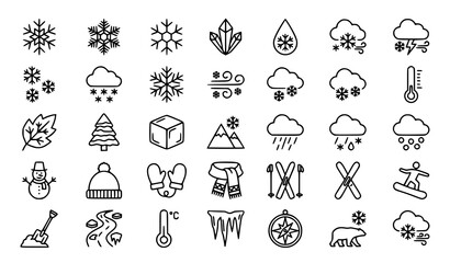 Snowflake Outline Icon Set with Winter Weather Frost and Ice Symbols Editable Stroke Vector Collection © AKTARUL ISLAM