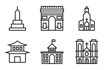 Fototapeta premium outline buildings icons set - buddist cemetery, arc de triomphe, chuch, notre dame. editable vector for web and mobile ui